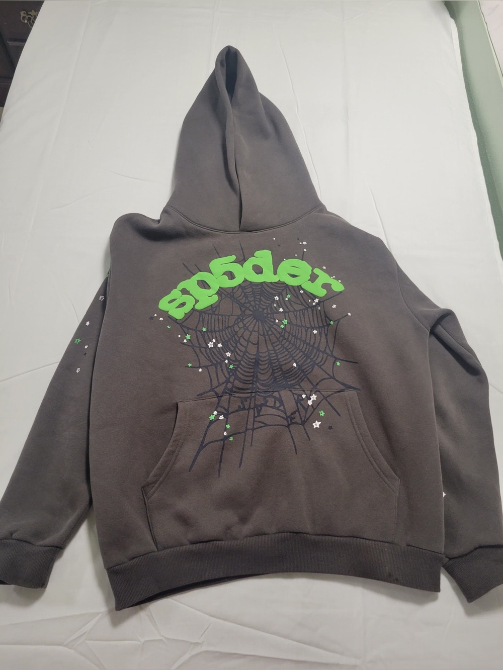 Kids Gray Hoodie with Neon Green Spider Web Graphic